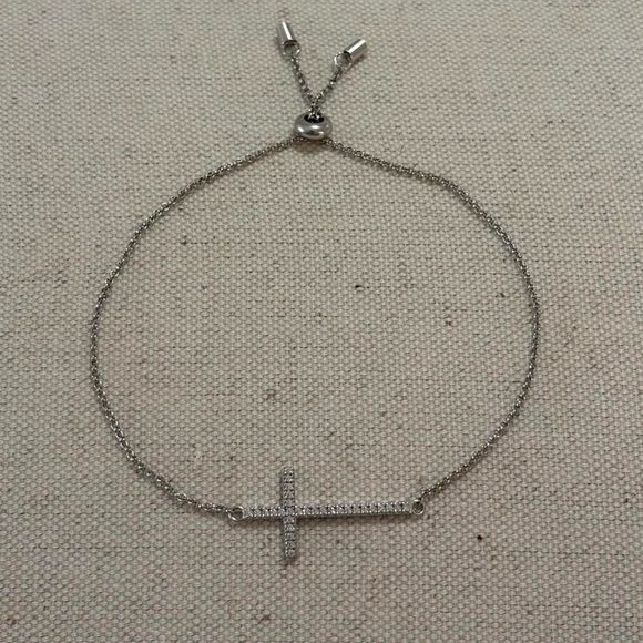 Jewelry - 925 Sterling Silver Bedazzled CZ Cross Faux Diamond Adjustable Chain Bracelet